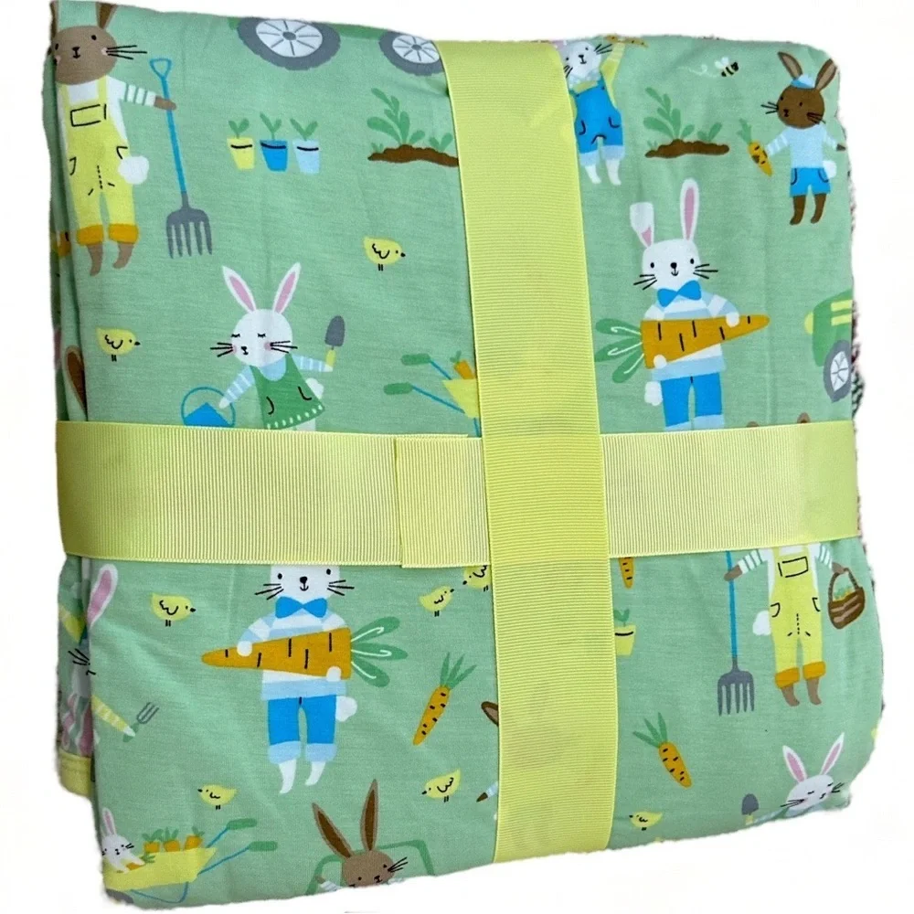 New Little Sleepies Easter Cloud Blanket RARE Bunny Carrot Garden Lg Reversible